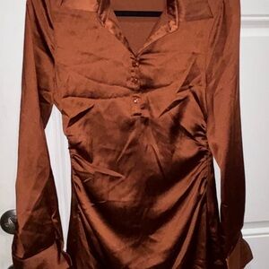 Lilyful long sleeve satin shirt dress rust or brown color small box t